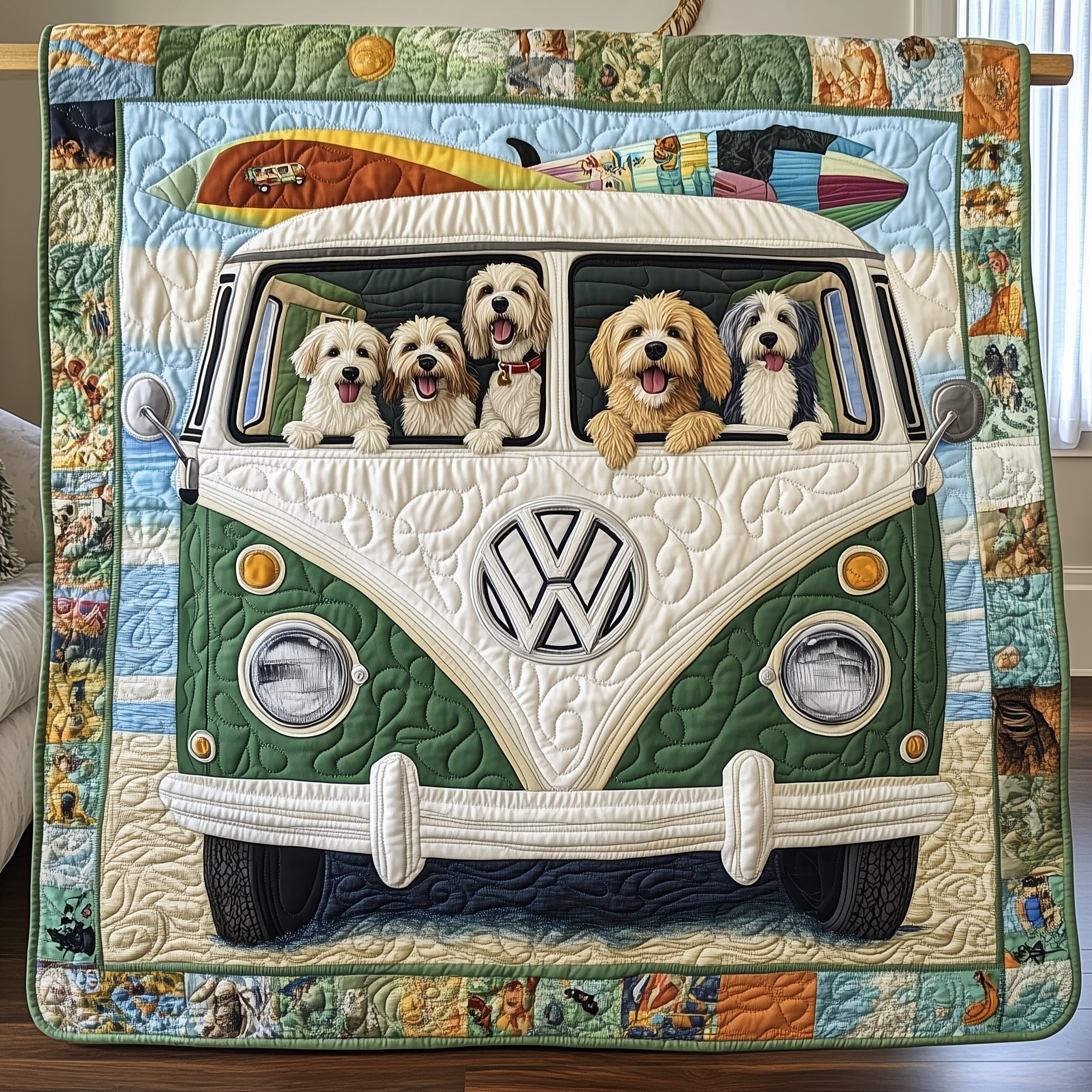 Puppy Bus Express Quilted Blanket Cute Bed BlanketDog Owners Themed Gifts