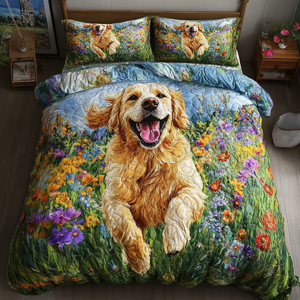 Puppy Garden Quilted Bedding Set Unique Bedding Gift for Family Gatherings