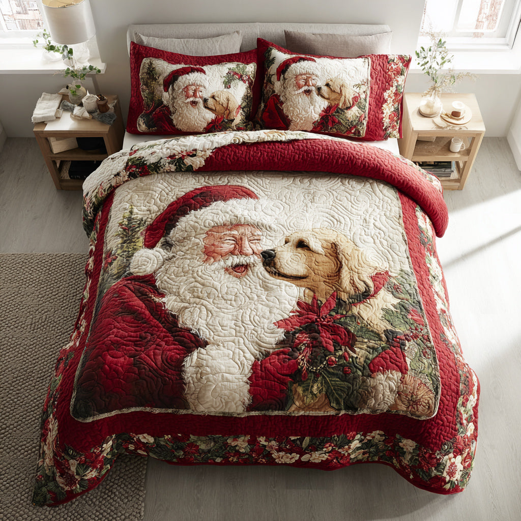 Puppy Santa Claus Quilted Bedding Set Holiday Duvet Sets Christmas Presents For Girlfriend