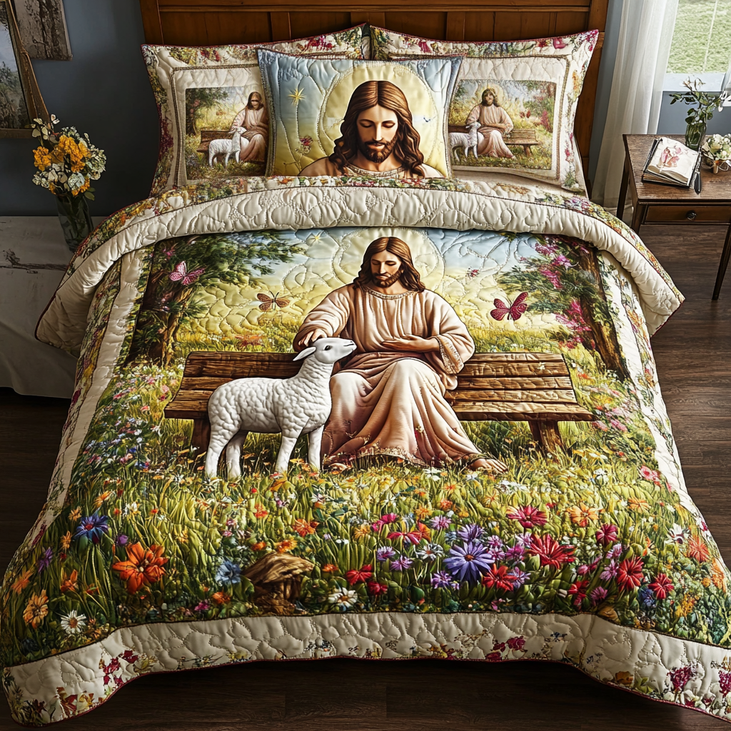 Pure Lamb Quilted Bedding Set Duvet Cover Bed Sheet Set Christian Gifts For Dad