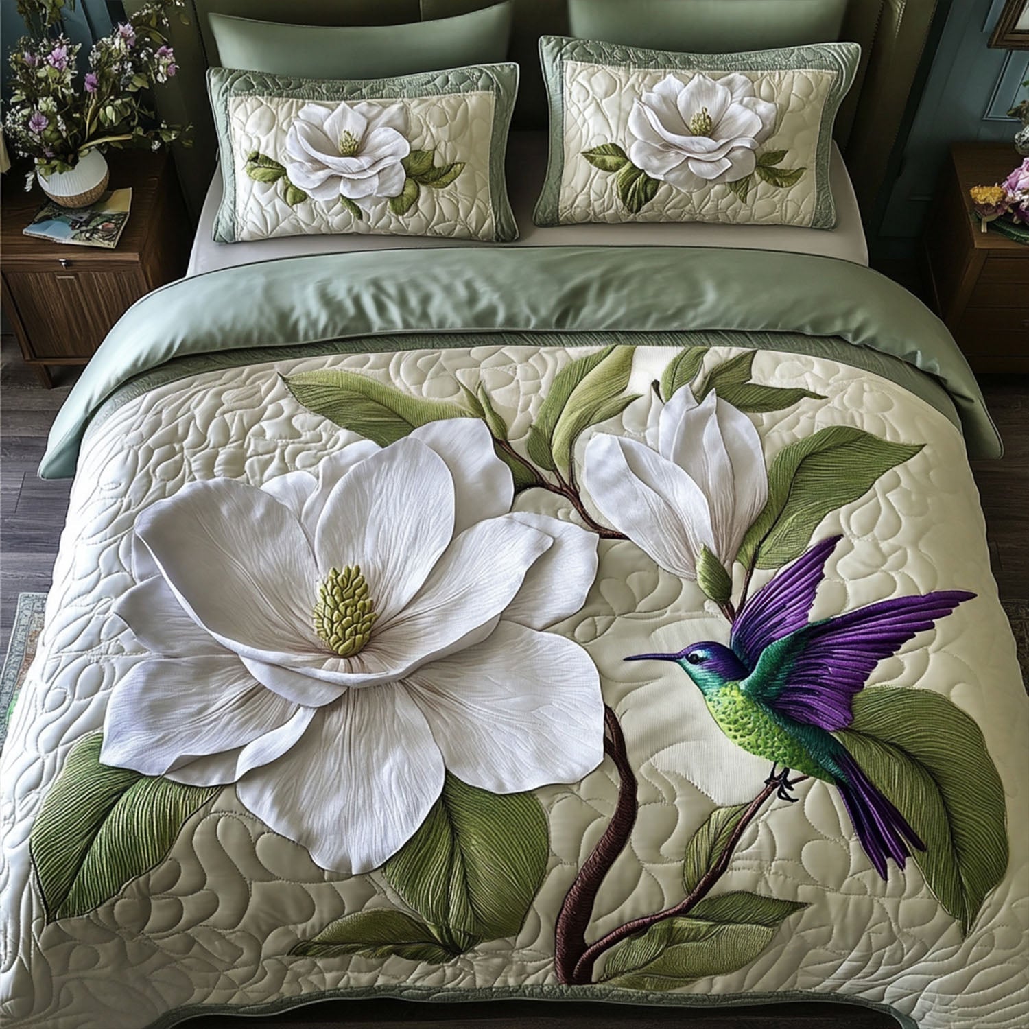 Pure Magnolia Quilted Bedding Set Full Size Sheets Floral Gift For Mom