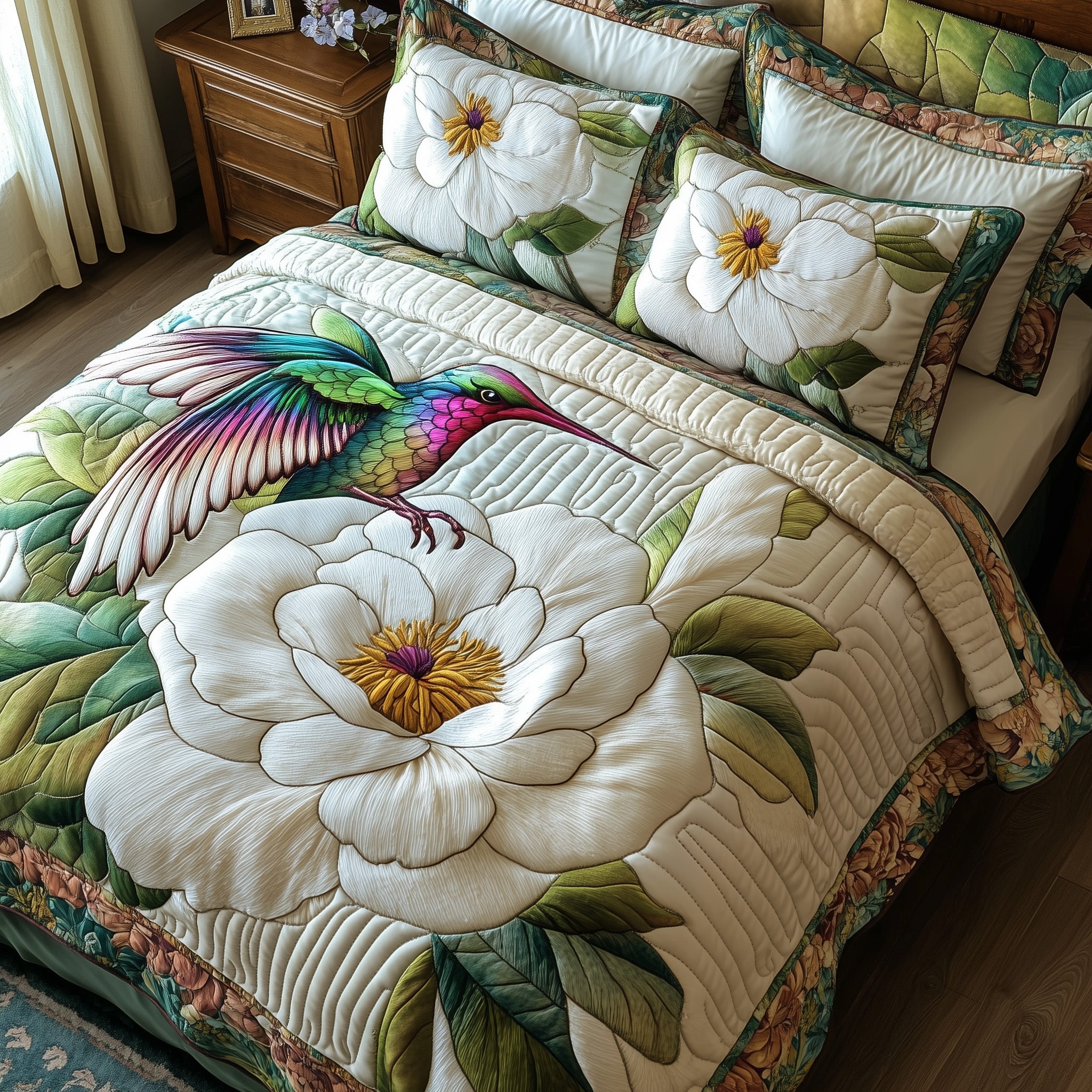 Pure Peony Elegance Quilted Bedding Set Duvet Cover Merchandise Beautiful Hummingbird Gifts Xmas