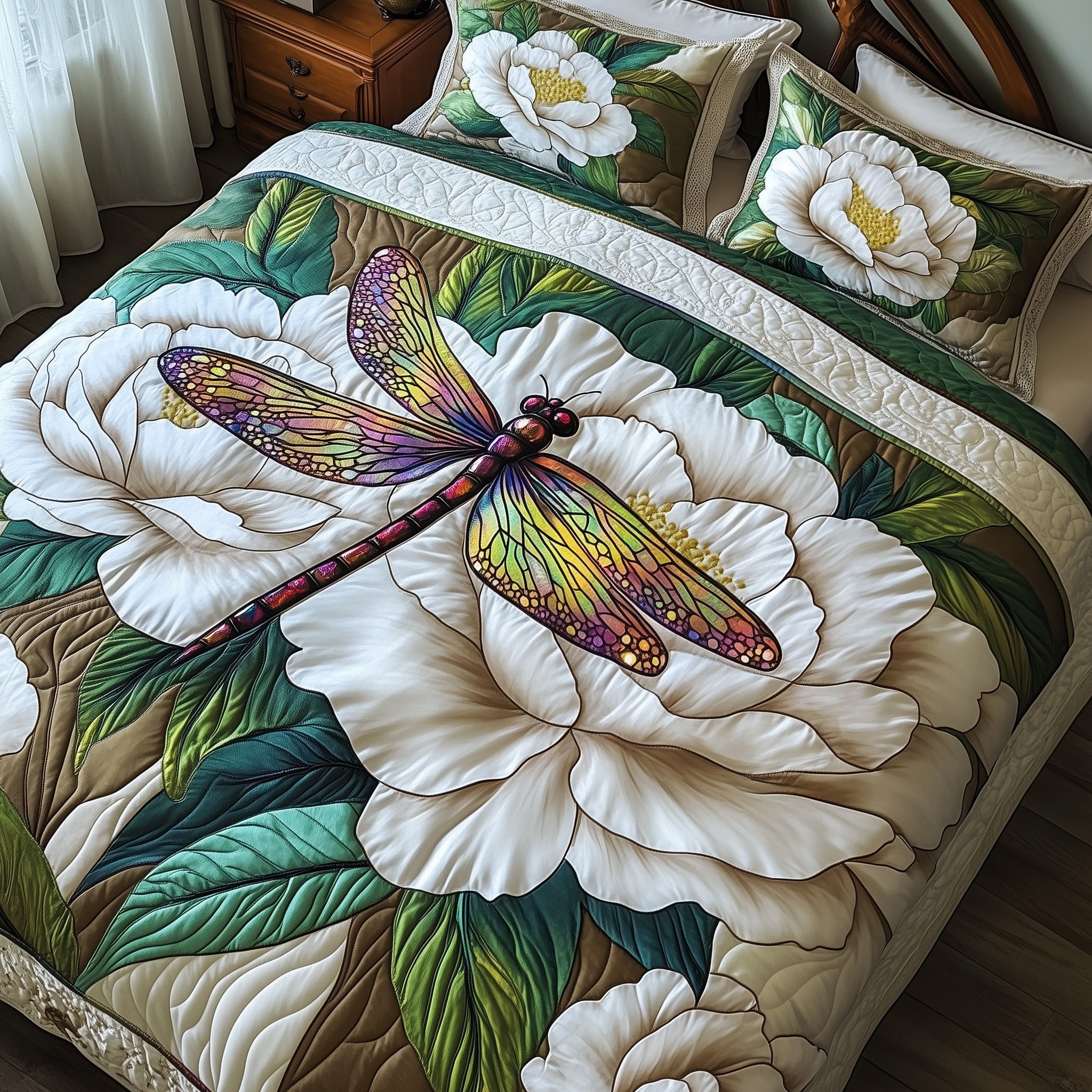 Pure Peony Elegance Quilted Bedding Set Duvet Cover Merchandise Dragonfly Gift For Adults