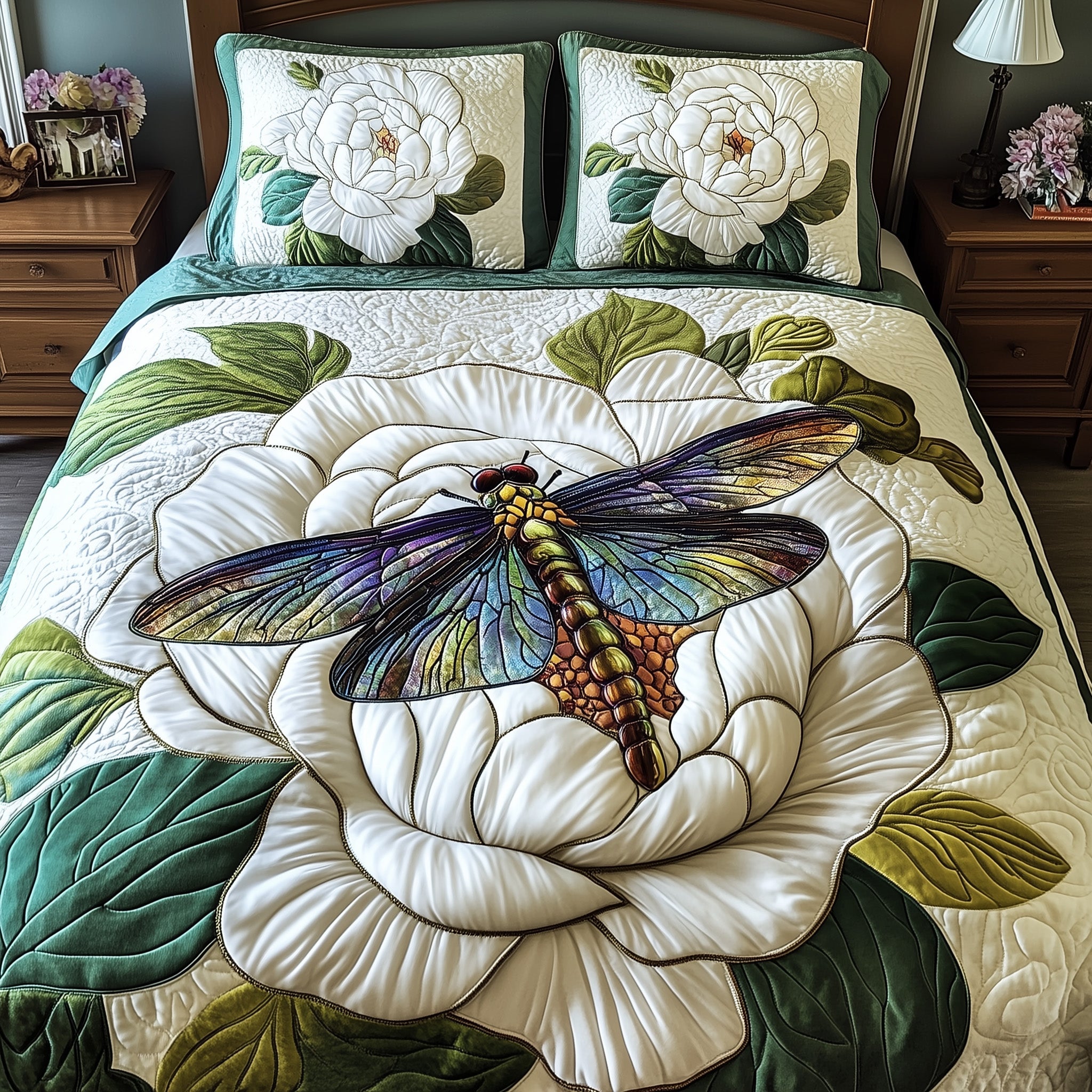Pure Peony Elegance Quilted Bedding Set Duvet Cover Merchandise Dragonfly Lover Gifts For Women