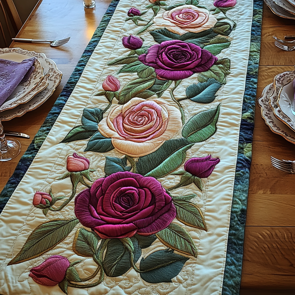 Pure Romance Quilted Table Runner Dining Decor Christmas Gifts For Flower Lovers