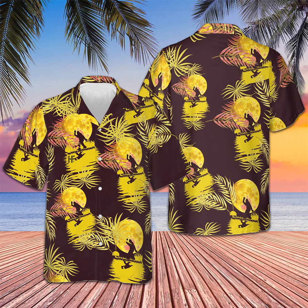 Purple And Yellow Moonlight Bigfoot Hawaiian Shirt Tropical Short Sleeve Button Down Men's