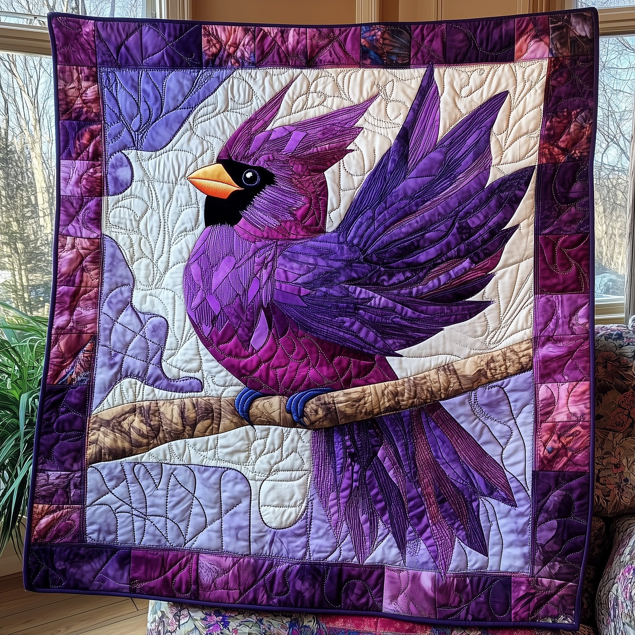 Purple Cardinal  Quilted Blanket Merchandise Throw BlanketCardinal Bird Gifts Christmas