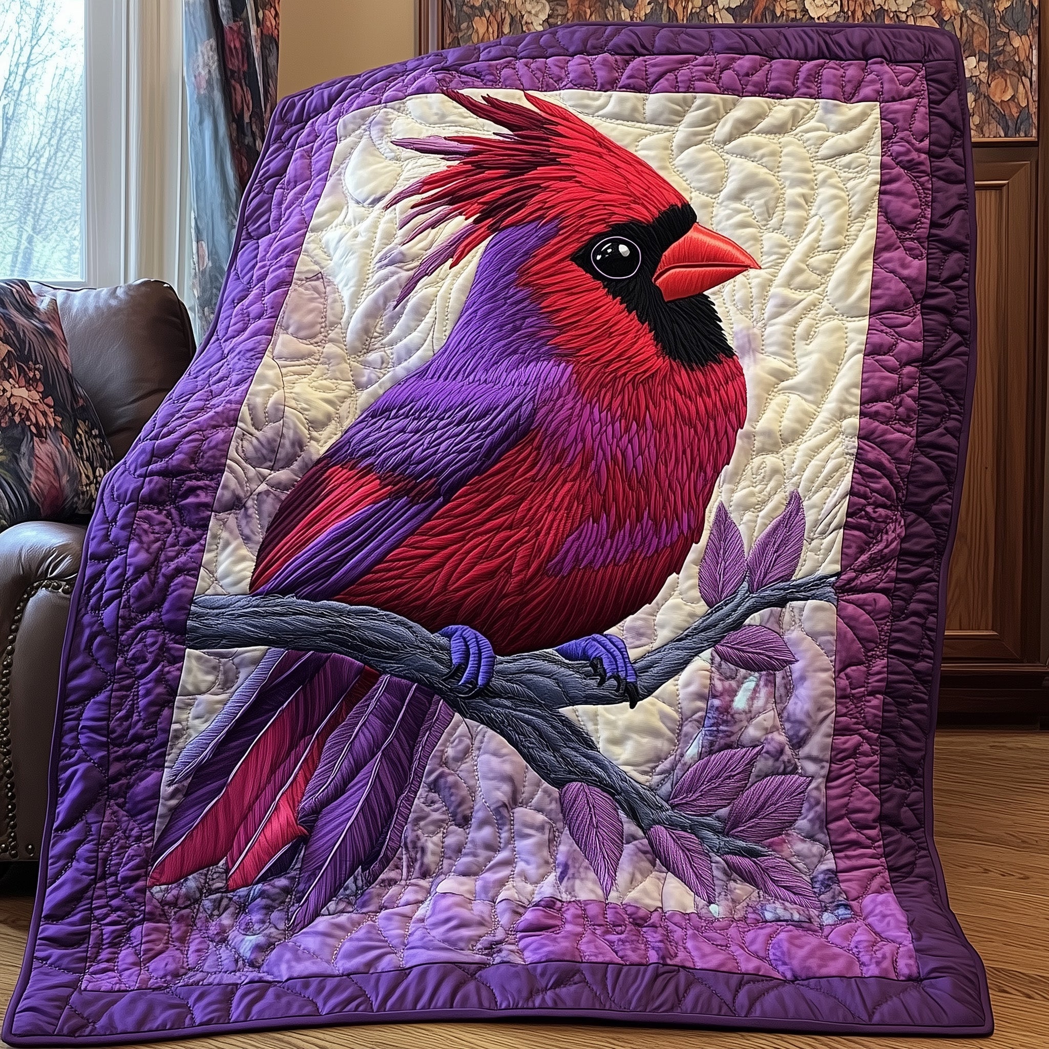 Purple Cardinal  Quilted Blanket Merchandise Throw BlanketCardinal Gifts For Friend