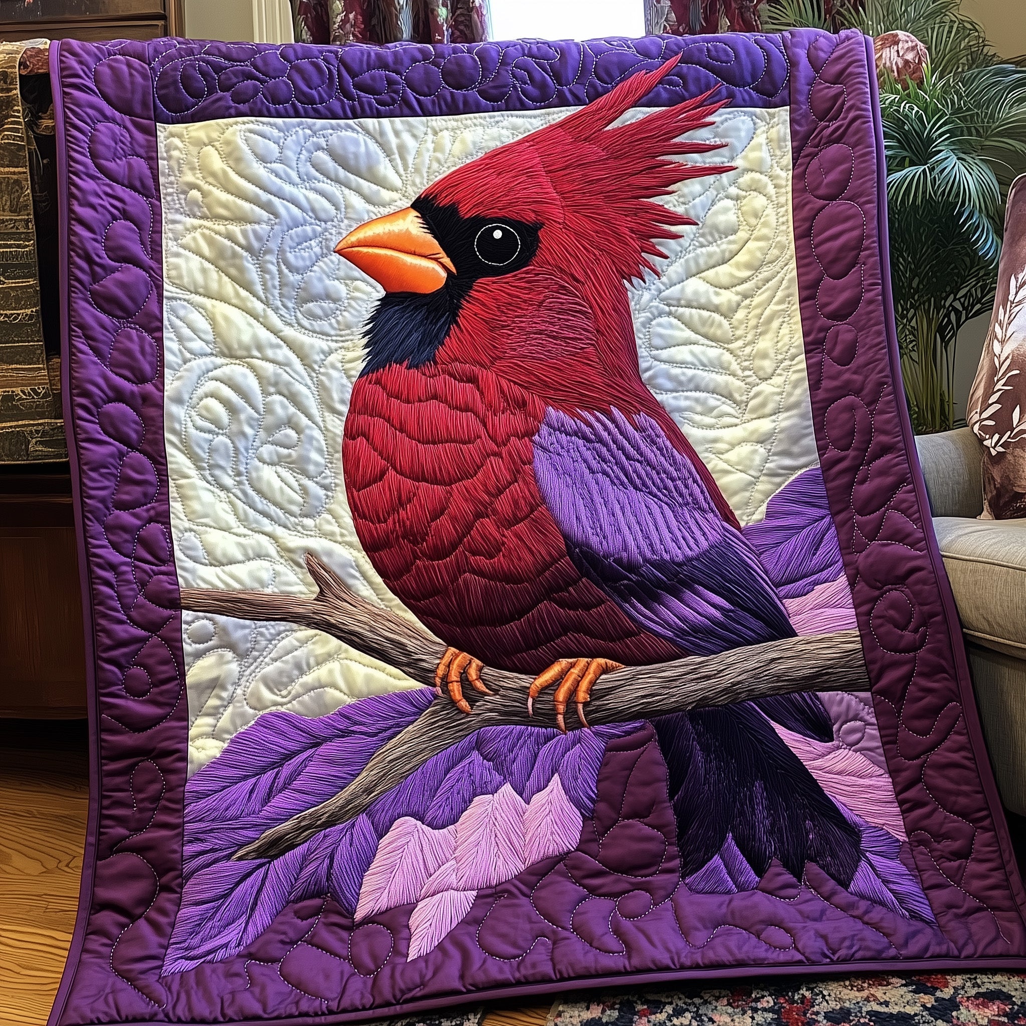 Purple Cardinal  Quilted Blanket Merchandise Throw BlanketCardinal Themed Gifts