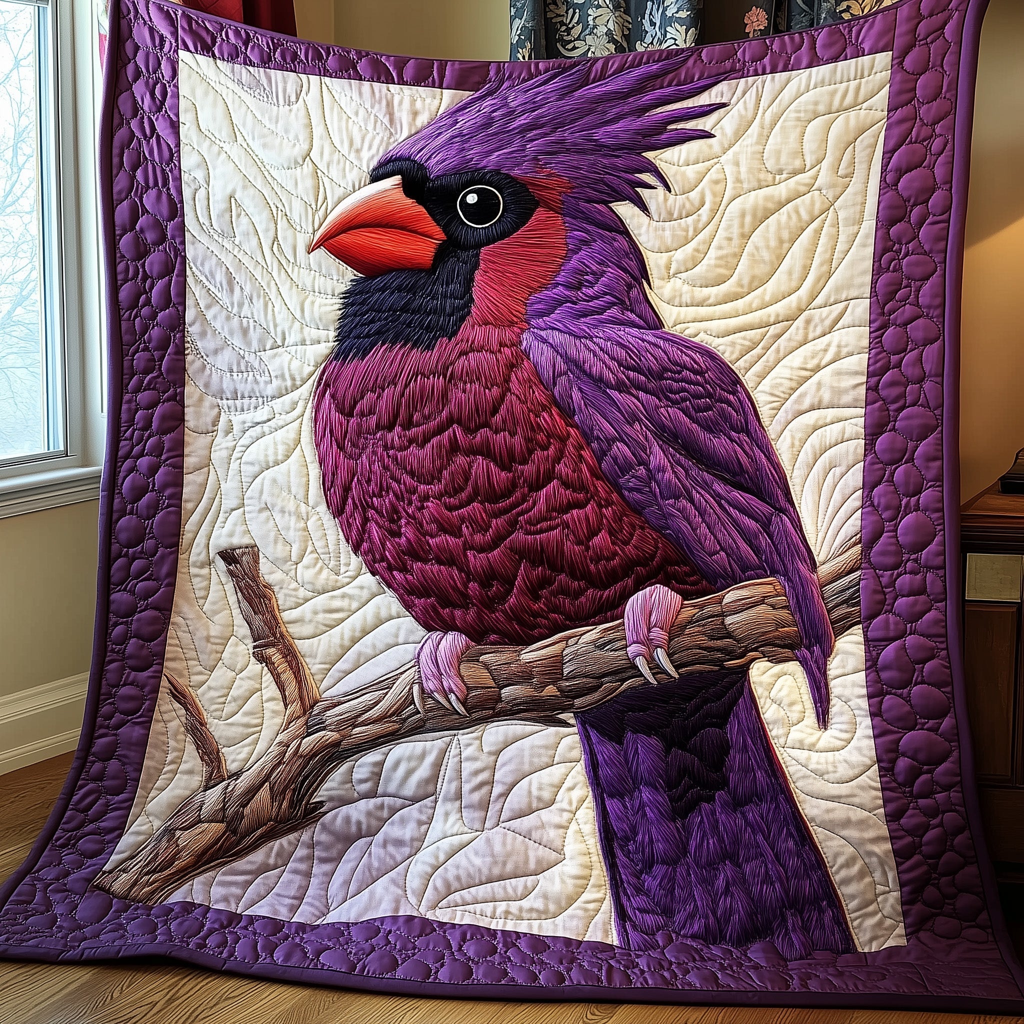Purple Cardinal  Quilted Blanket Merchandise Throw BlanketRed Cardinal Gifts Ideas