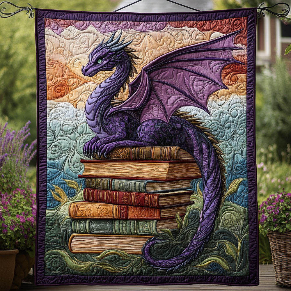 Purple Dragon Books Quilted Blanket Fantasy Bookworm Art Cozy Throw Best Gift For Book And Dragon Fans