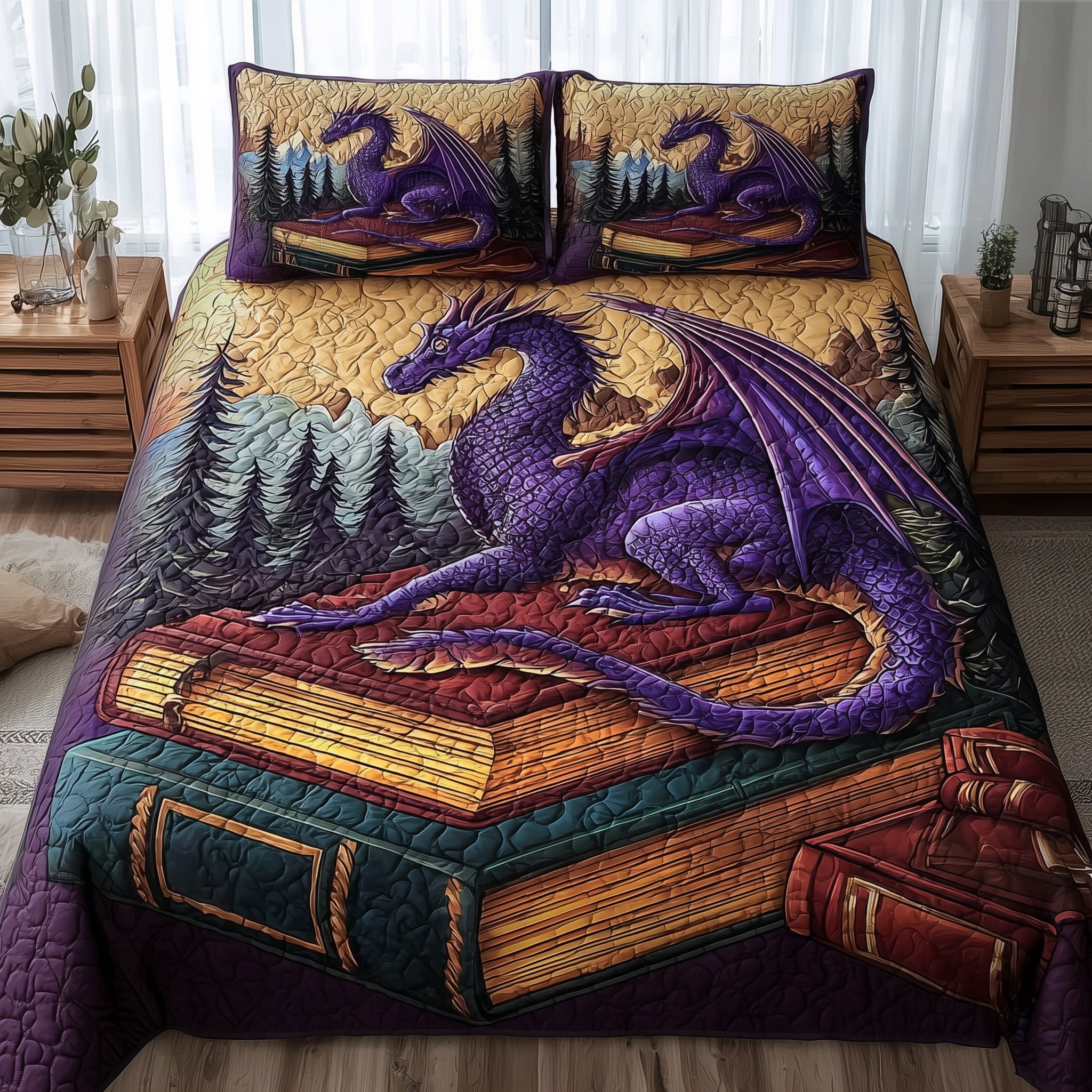 Purple Dragon Quilted Bedding Set Farmhouse Style