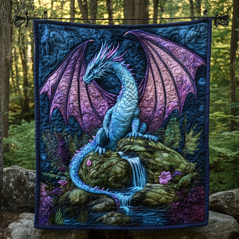 Purple Dragon Waterfall Quilted Blanket Fantasy Forest Art Throw Best Gift For Dragon Lover Nature Fan