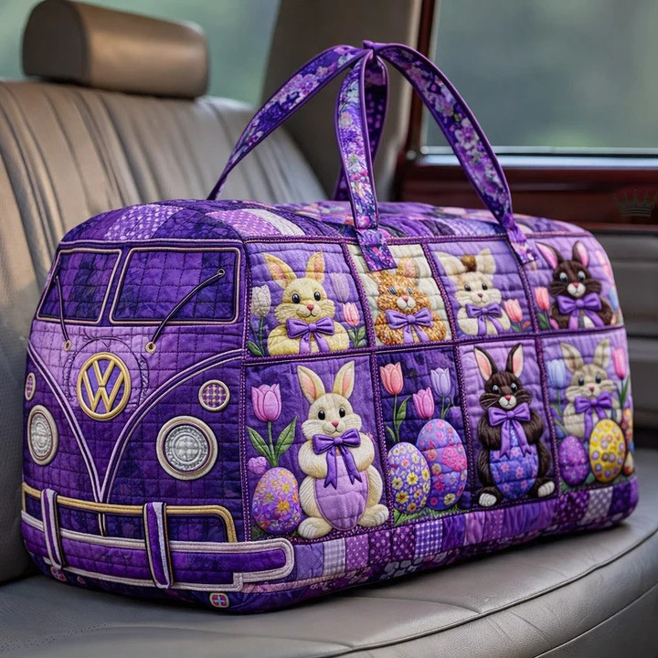 Purple Easter Bunny Egg VW Bus Quilted Duffle Bag Spring Travel Bag Best Gift For Easter Lovers