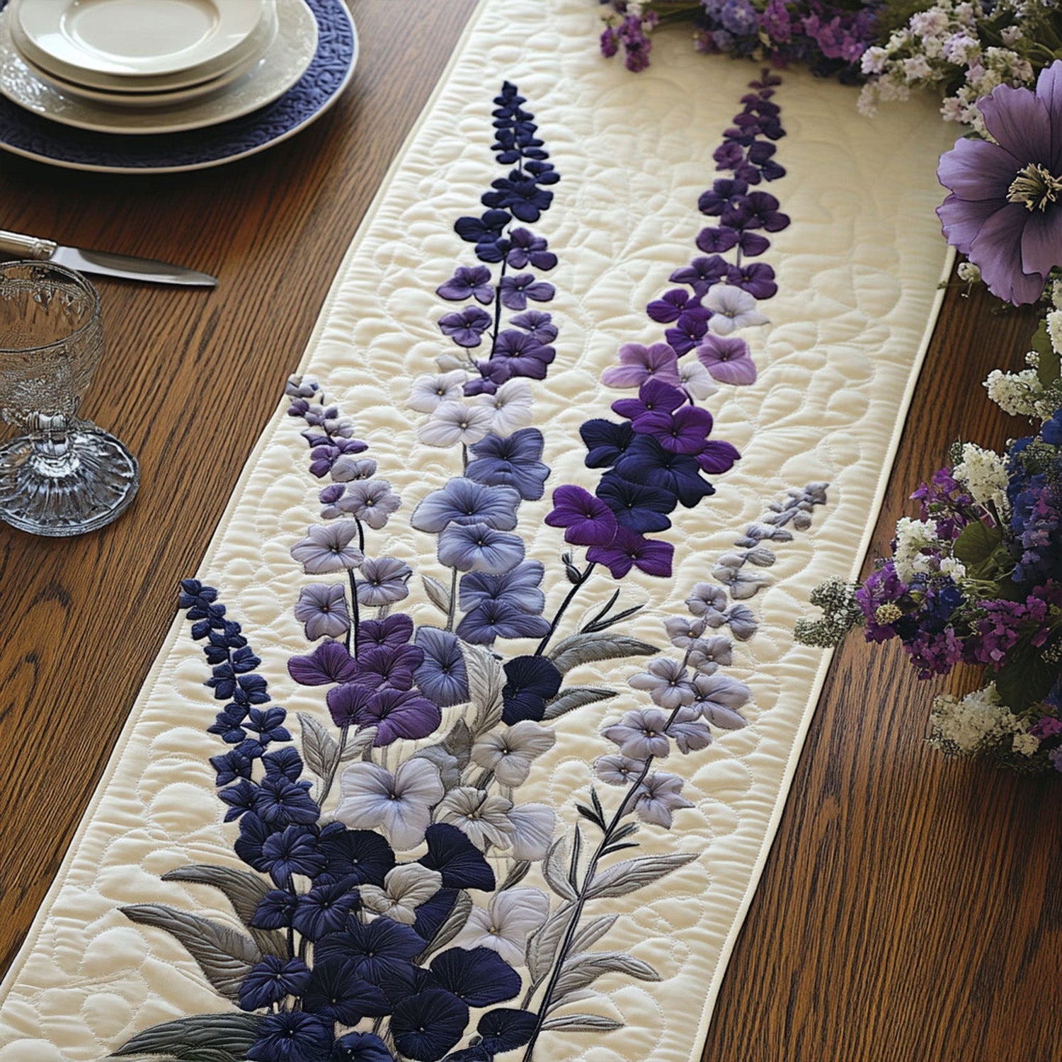 Purple Elegance Quilted Table Runner Holiday Dining Table Decor Best Gifts For Flower Lovers