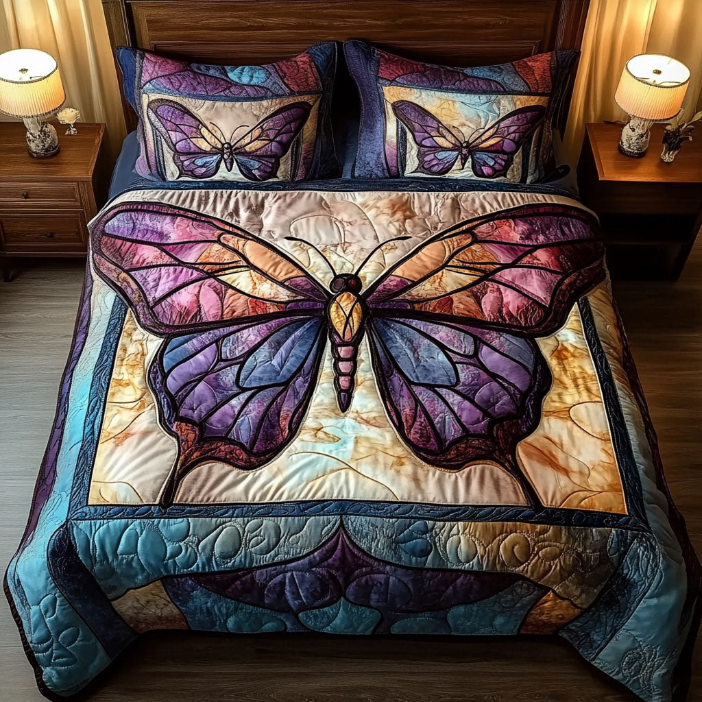Purple Flight Quilted Bedding Set Cute Room Decor Gift For Butterfly Lover