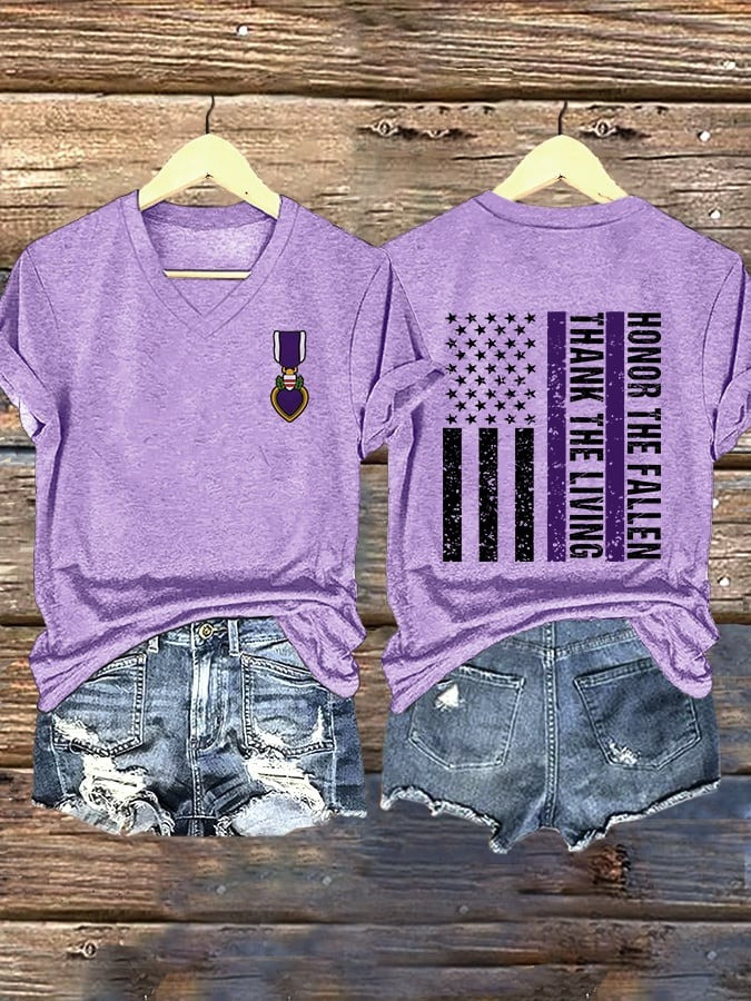 Purple Heart Day Purple Heart Honor The Fallen Thank The Living V-Neck T-Shirt Her Gifts