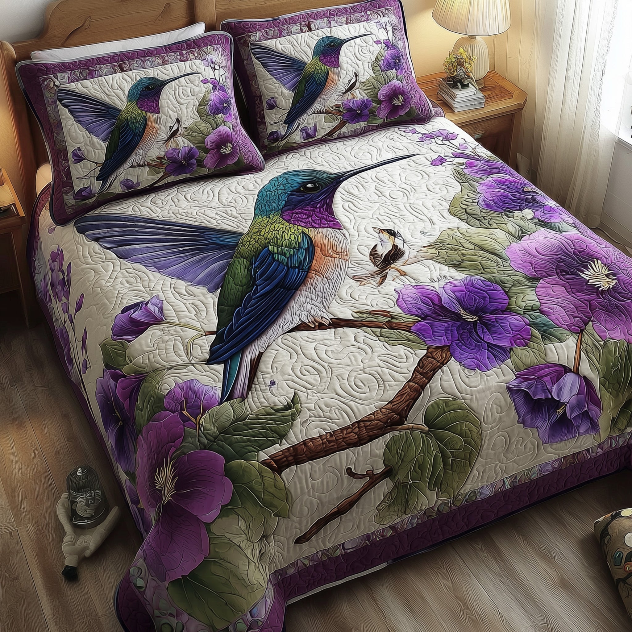 Purple Hummingbird Dancing Quilted Bedding Set Duvet Cover Bedspread Best Hummingbird Themed Gifts