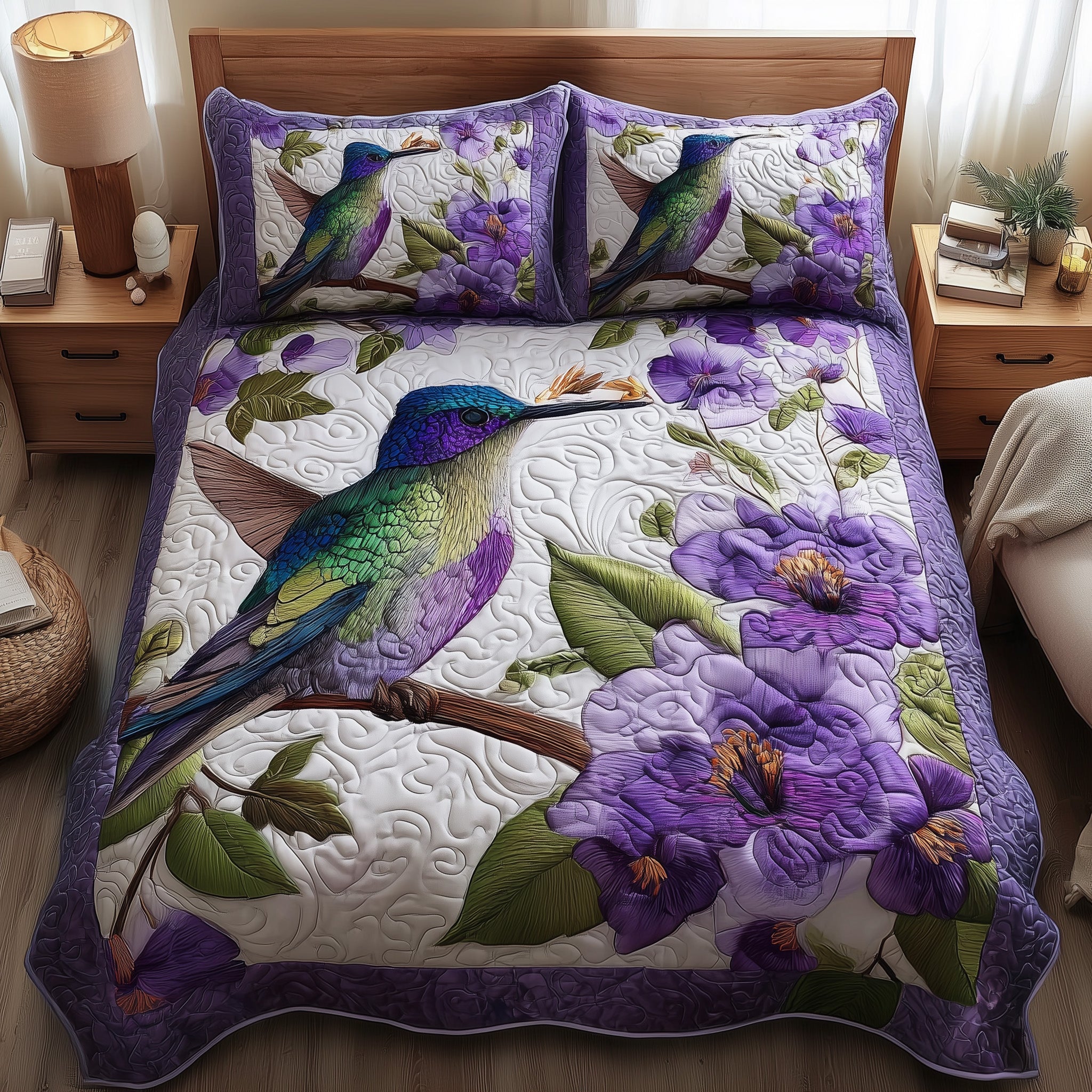 Purple Hummingbird Dancing Quilted Bedding Set Duvet Cover Bedspread Hummingbird Gifts For Women