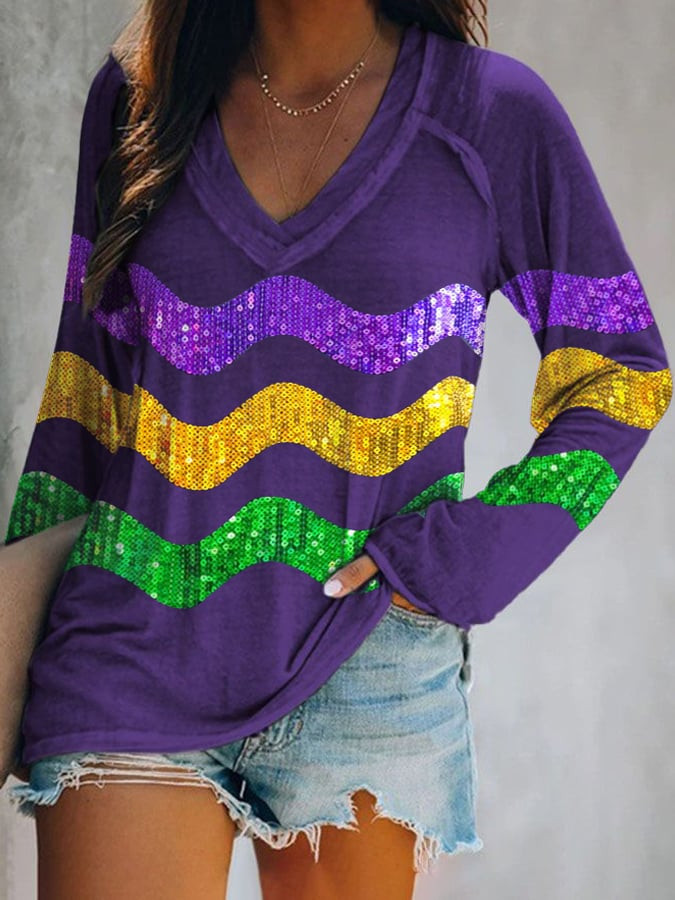Purple Mardi Gras Long Sleeve V-Neck T-Shirt New Orleans Mardi Gras Shirts For Ladies