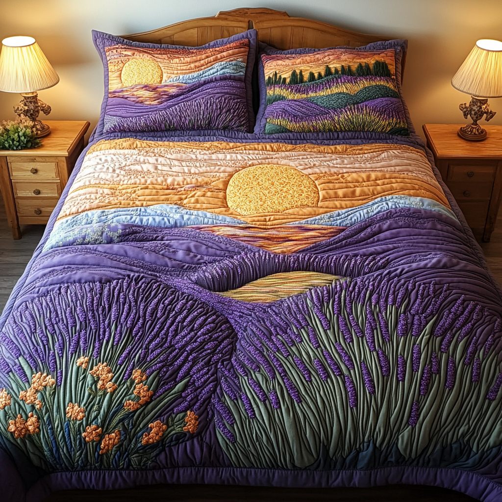 Purple Meadow Quilted Bedding Set Cute Bedroom Decor Lavender Birthday Gifts