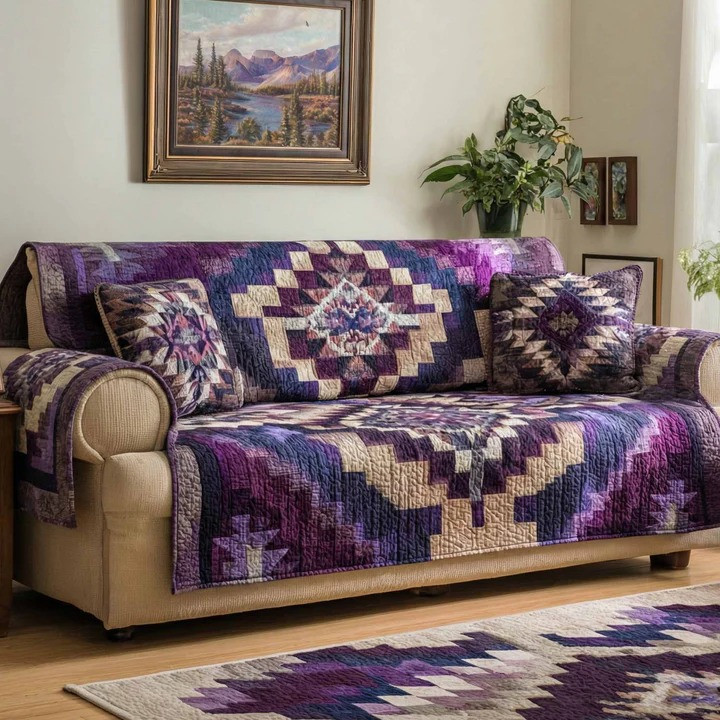 Purple Native Quilted Sofa Cover Boho Tribal Southwest Furniture Protector Best Home Decor Gift