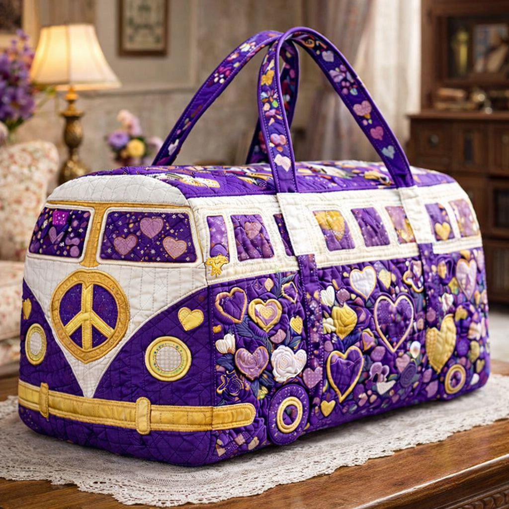 Purple Peace Journey Hippie Van Quilted Duffle Bag Heart Floral Travel Bag Best Gift For Hippie Lovers