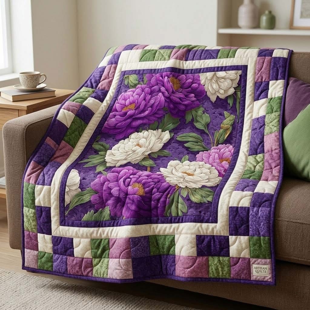 Purple Peony Floral Quilted Blanket Botanical Garden Flower Patchwork Throw Best Gift For Mom Friends