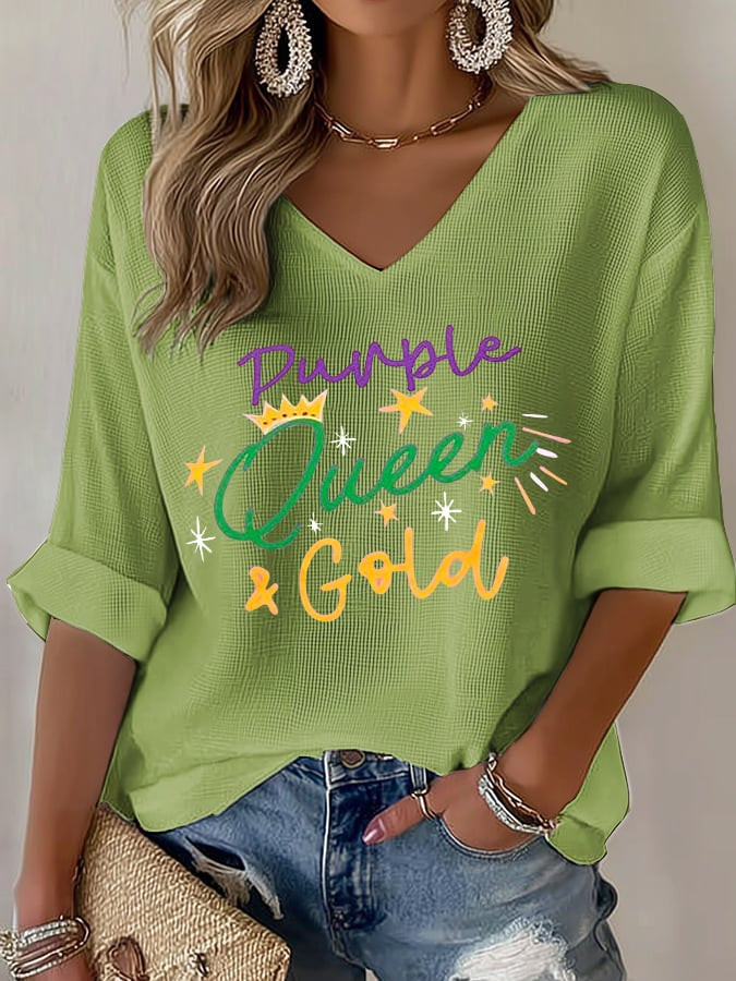 Purple Queen And Gold Mardi Gras Long Sleeve V-Neck T-Shirt Mardi Gras Shirts For Women Purple Queen And Gold Mardi Gras Long Sleeve V-Neck T-Shirt Mardi Gras Shirts For Women
