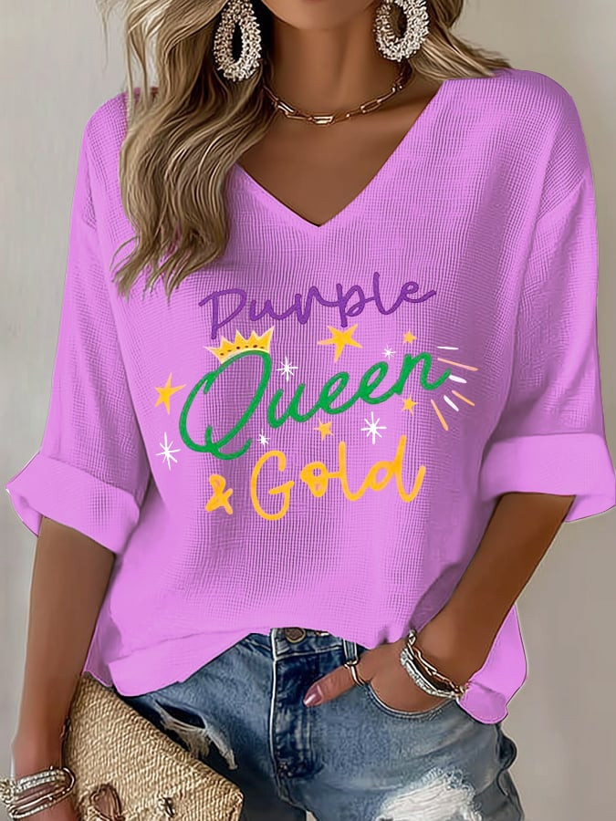 Purple Queen And Gold Mardi Gras Long Sleeve V-Neck T-Shirt New Orleans Mardi Gras Shirt
