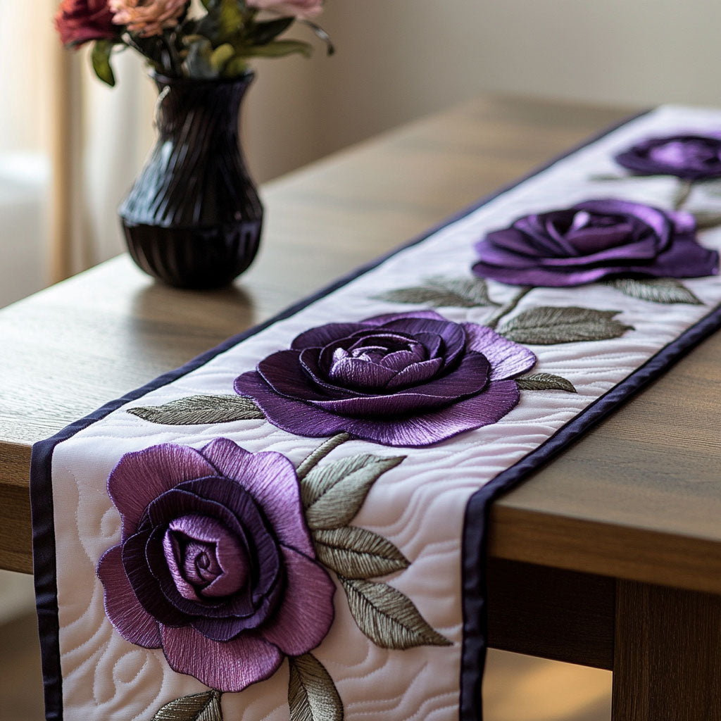 Purple Rose Charm Quilted Table Runner Flower Table Cover Unique Gifts For Family