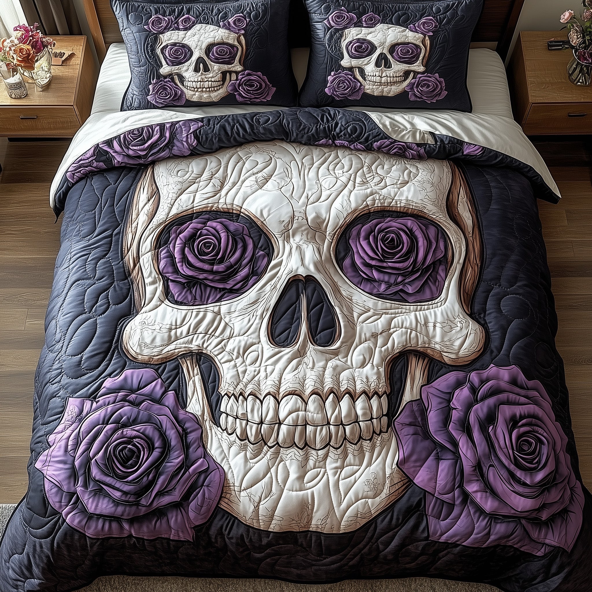 Purple Rose Skull Quilted Bedding Set Purple Eyes Skeleton With Roses Halloween Bedroom Decor