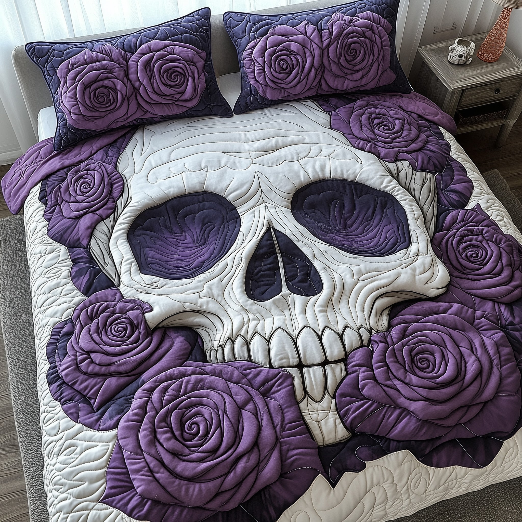 Purple Rose Skull Quilted Bedding Set Purple Eyes Skeleton With Roses Home Bedroom Decor Gifts