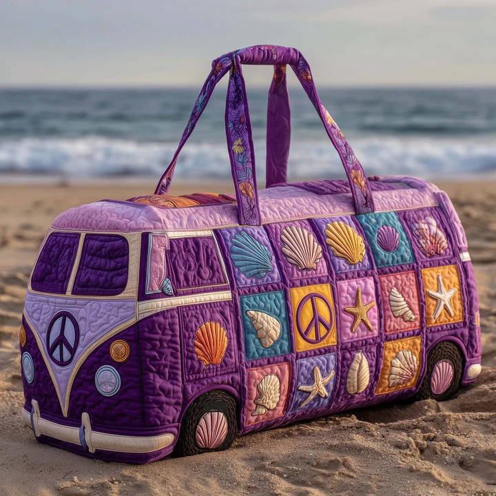 Purple Seashell VW Bus Quilted Duffle Bag Beach Travel Bag Best Gift For Ocean Lovers