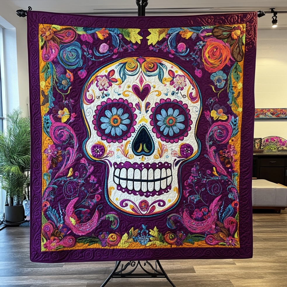 Purple Sugar Skull Quilt Best Decoration Gift For Friends and Family on Halloween Day
