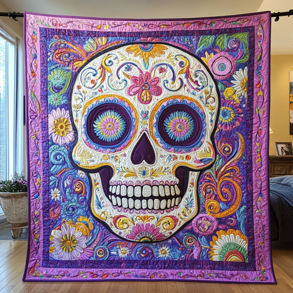 Purple Sugar Skull Quilt Perfect Decoration Gift For Friends and Family on Halloween Day