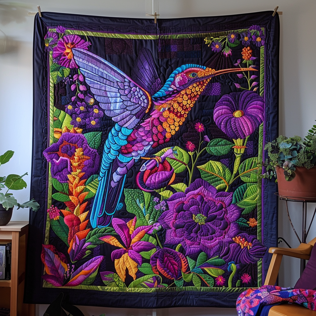 Purple Theme Hummingbird Quilted Blanket Gifts For Hummingbird Lovers