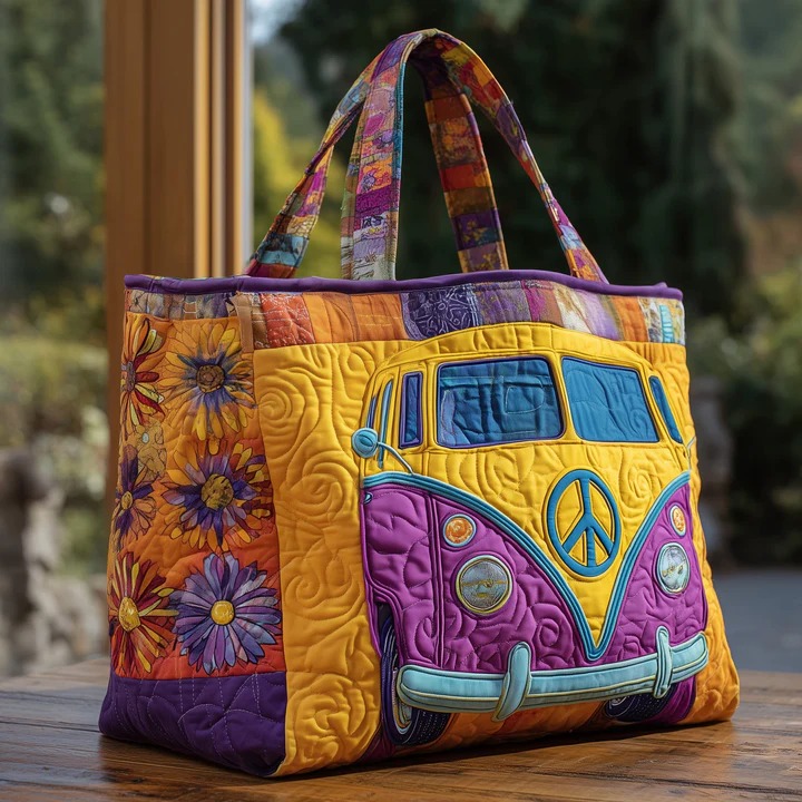 Purple Yellow Hippie Van Quilted Tote Bag Peace Sign Bag Best Gift For Boho Women