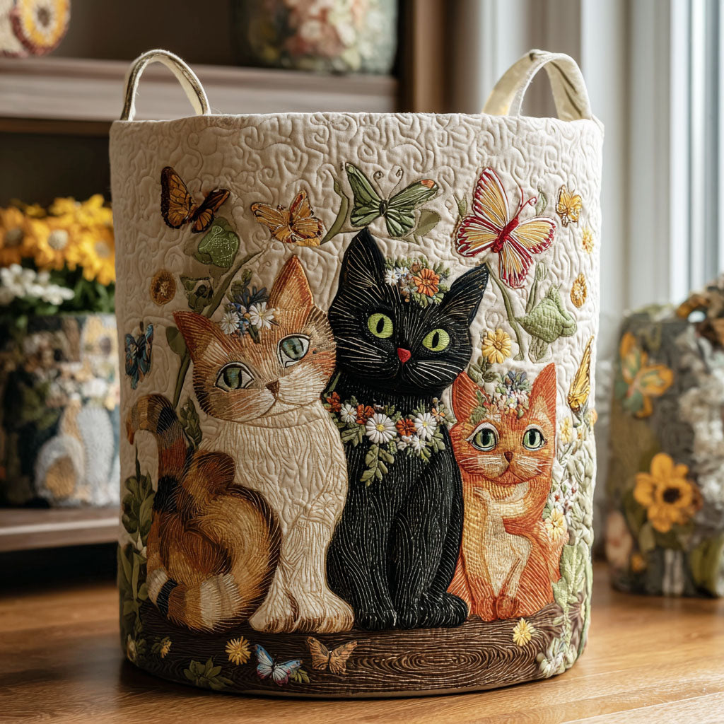 Purr In Bloom Quilted Laundry Basket Quilted Fabric Laundry Bin for Organized Living