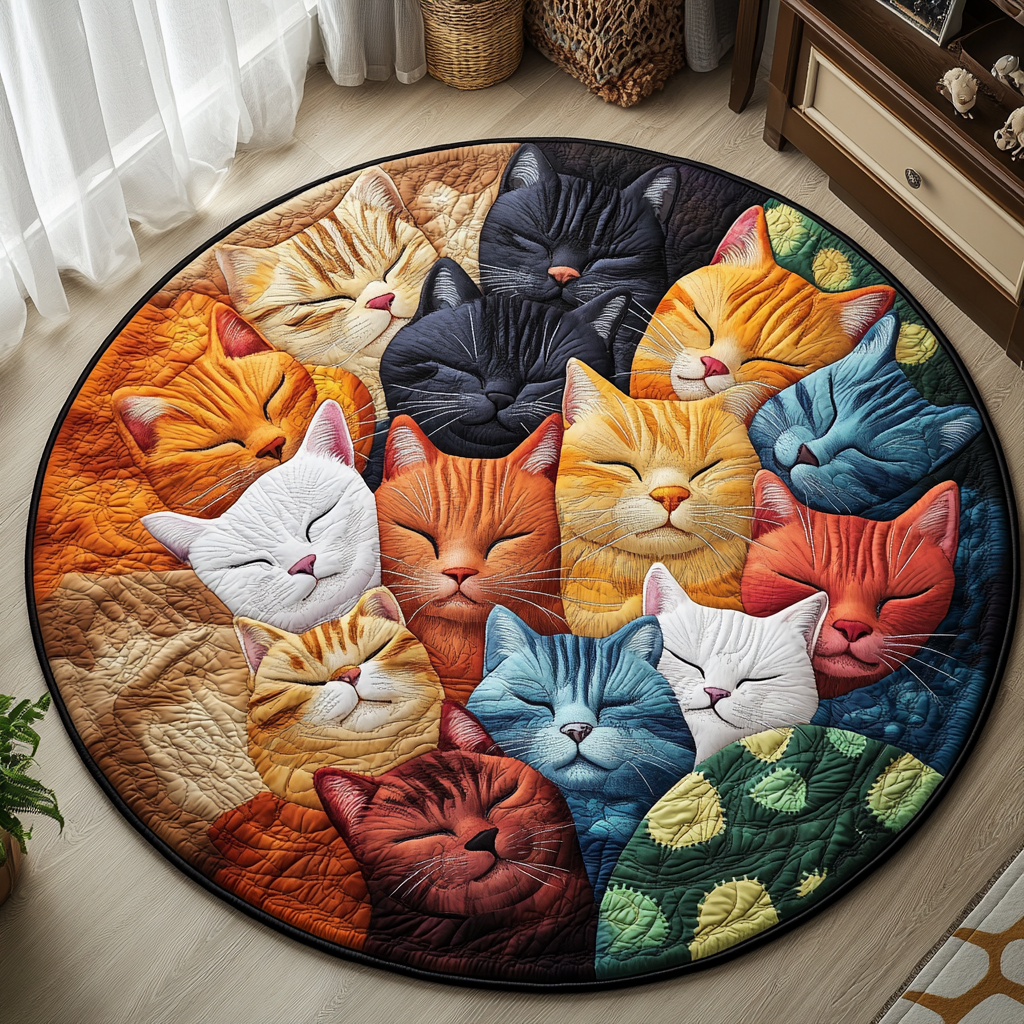Purrfect Cat Haven Quilted Round Mat Door Entrance Decor Birthday Gift Cat