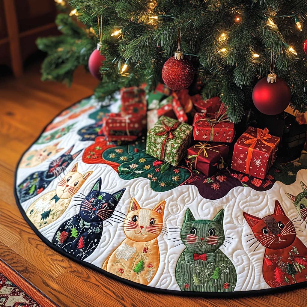 Purrfect Companion Christmas Quilted Tree Skirt Unique Holiday Gift Merch for Family Homes