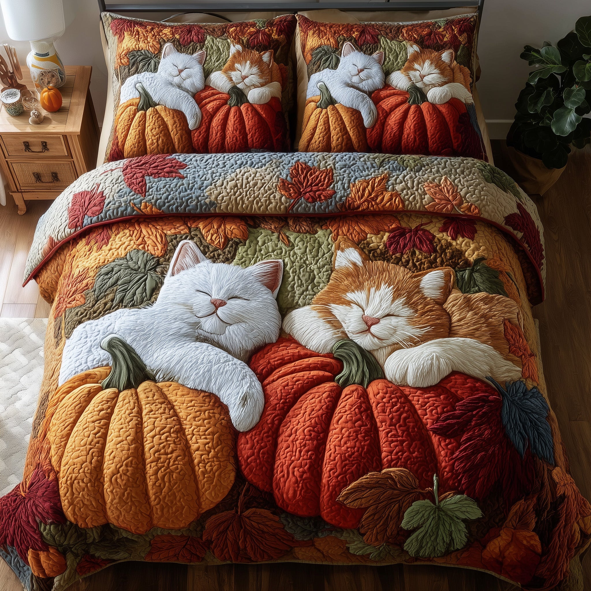 Purrfect Fall Dreams Quilted Bedding Set Floral Print