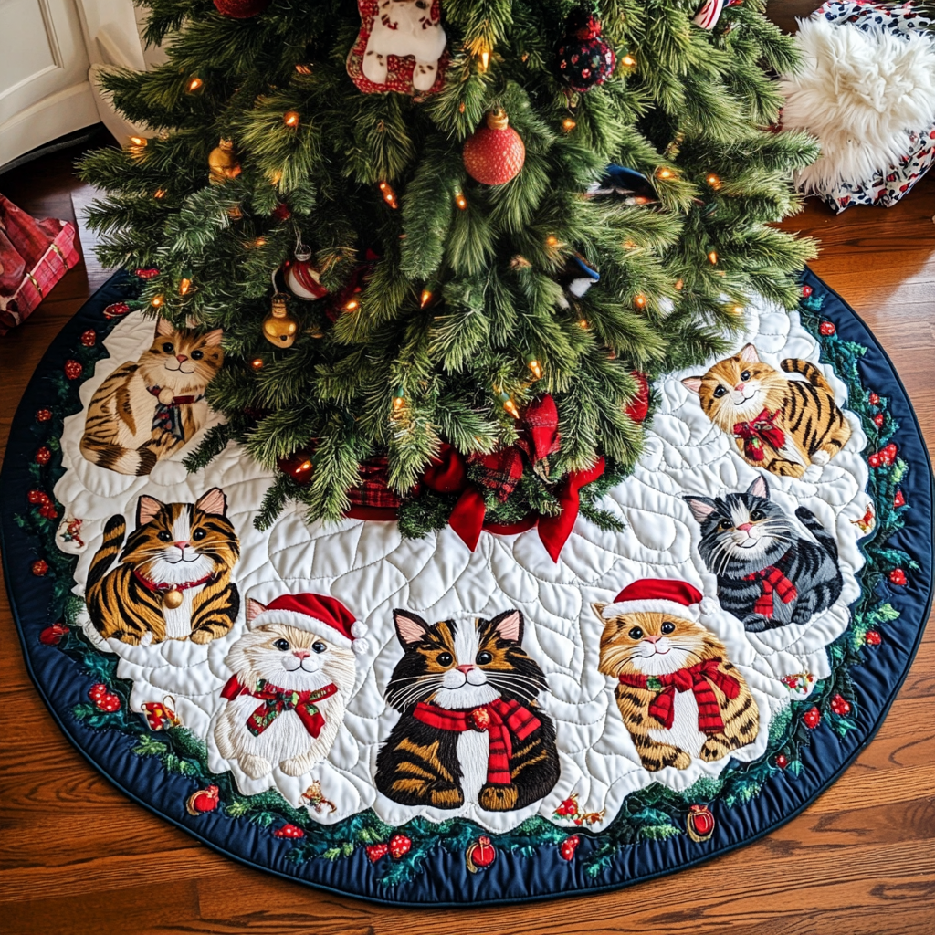 Purrfect Holiday Joy Christmas Quilted Tree Skirt Trending Christmas Tree Skirt Merch 2025