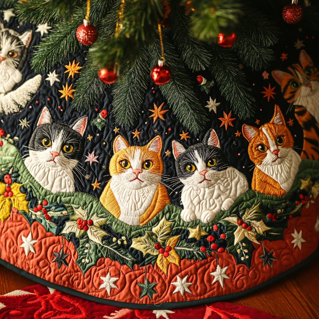 Purrfect Holiday Spirit Christmas Quilted Tree Skirt Luxury Christmas Tree Skirt for Elegant Homes
