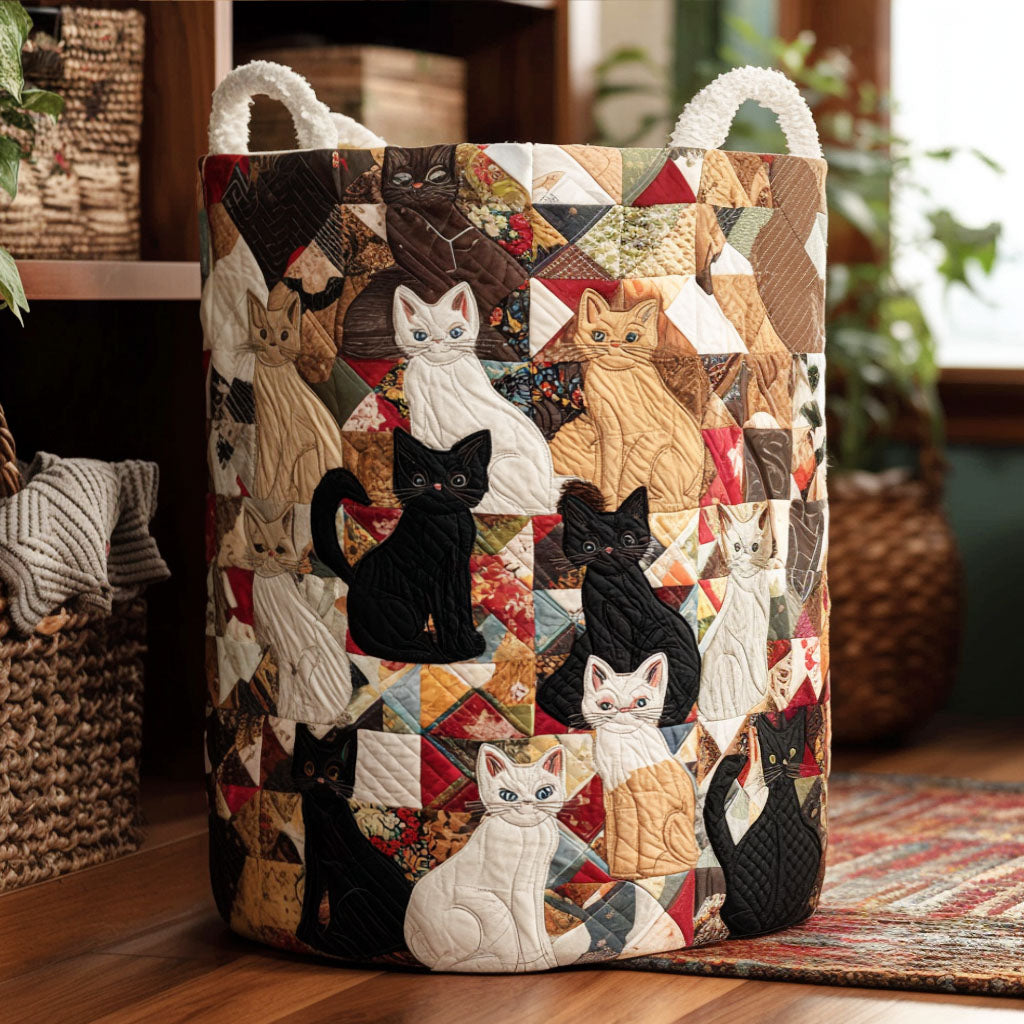 Purrfect Patchwork Quilted Laundry Basket Practical Home Storage Gift with Quilted Design