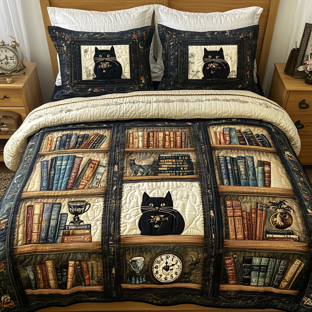 Purrfect Reads Quilted Bedding Set Bed Decorations Best Cat Gifts For Christmas