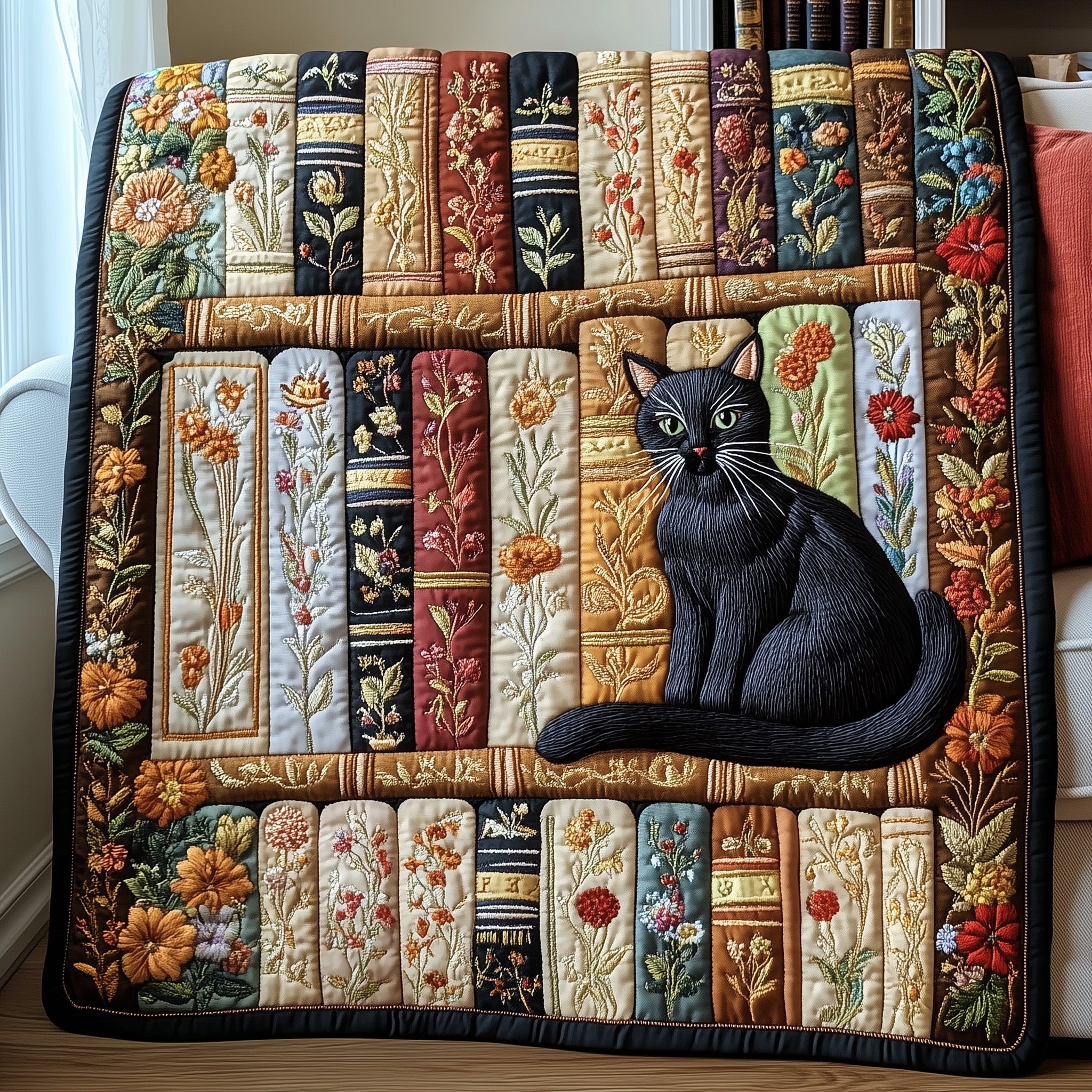 Purrfectly Bookish Quilted Blanket Merchandise Throw BlanketAwesome Gifts For Cat Lovers