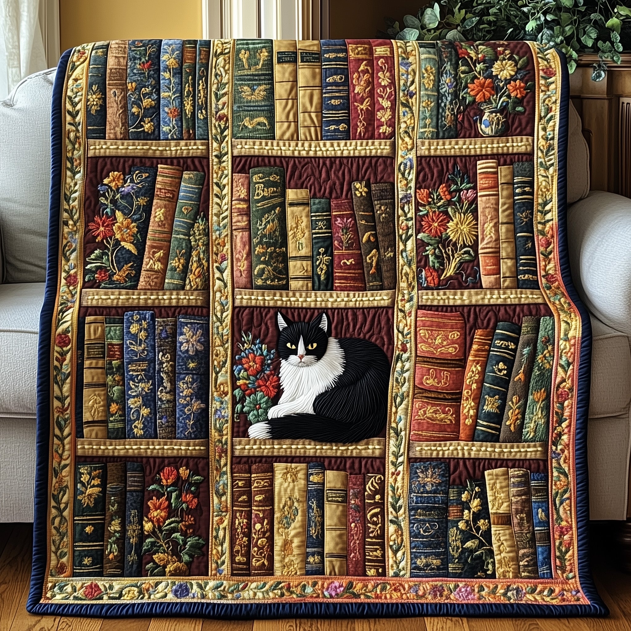 Purrfectly Bookish Quilted Blanket Merchandise Throw BlanketBest Cat Lover Xmas Gift Ideas