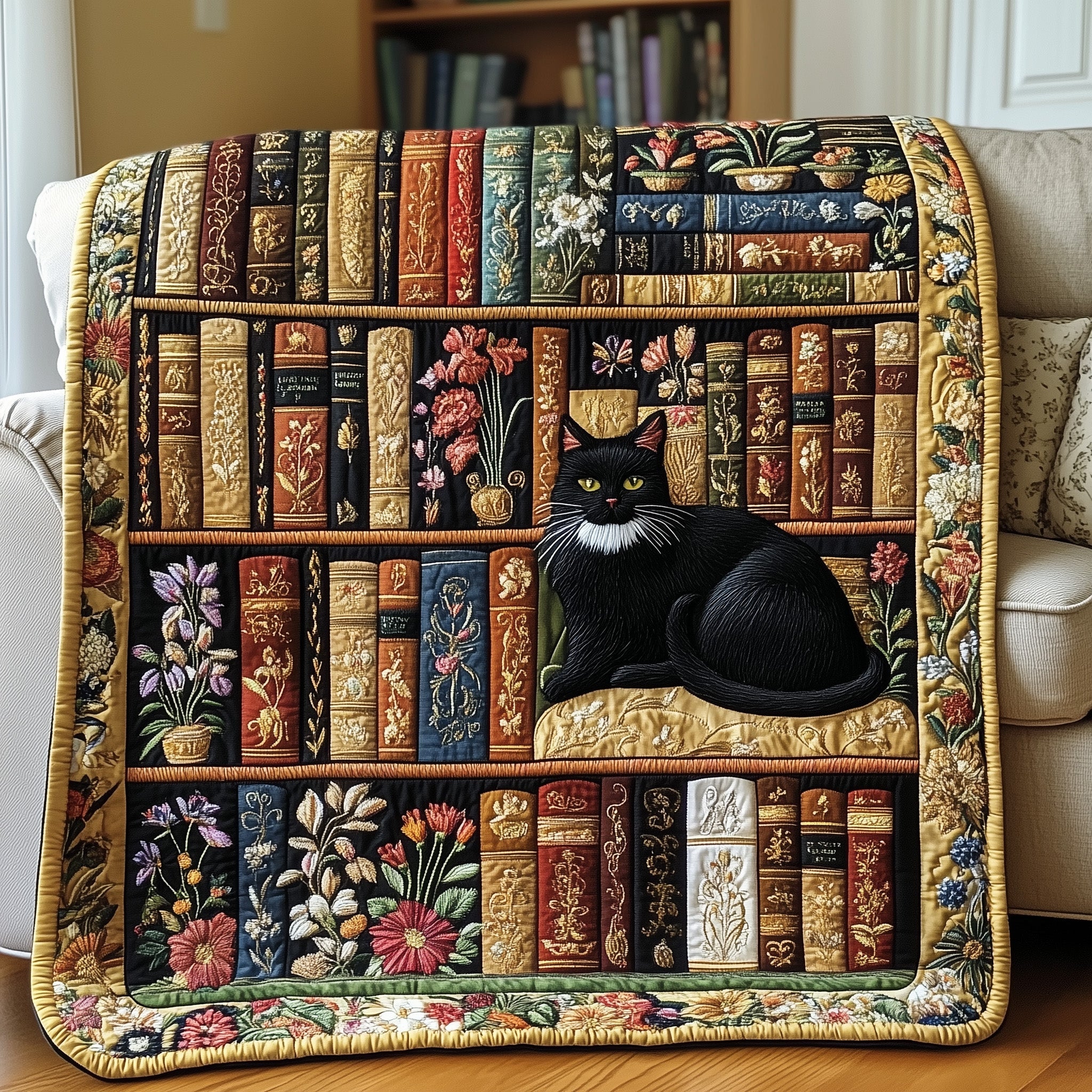 Purrfectly Bookish Quilted Blanket Merchandise Throw BlanketCat Lover Gifts