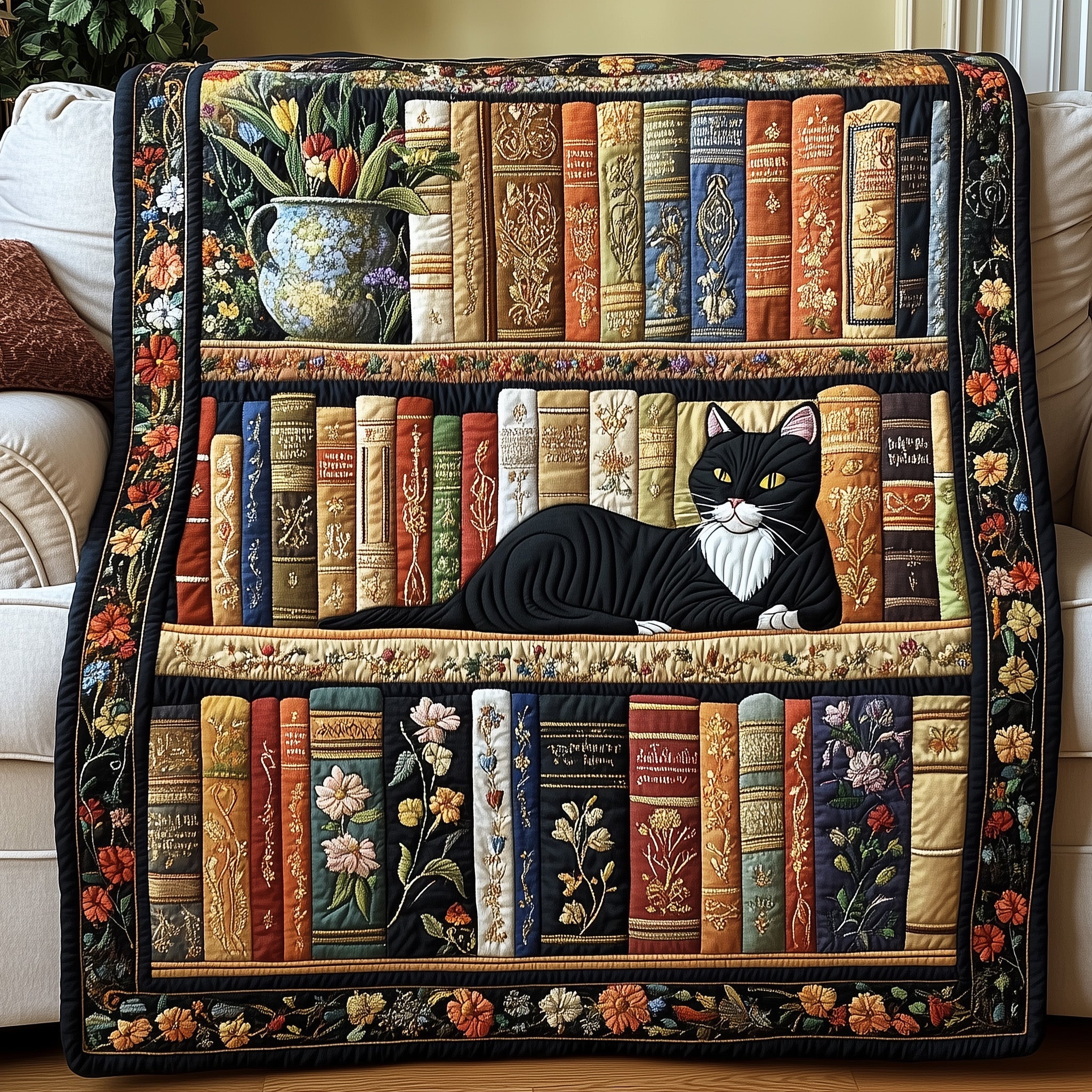 Purrfectly Bookish Quilted Blanket Merchandise Throw BlanketCat Lover Gifts Near Me